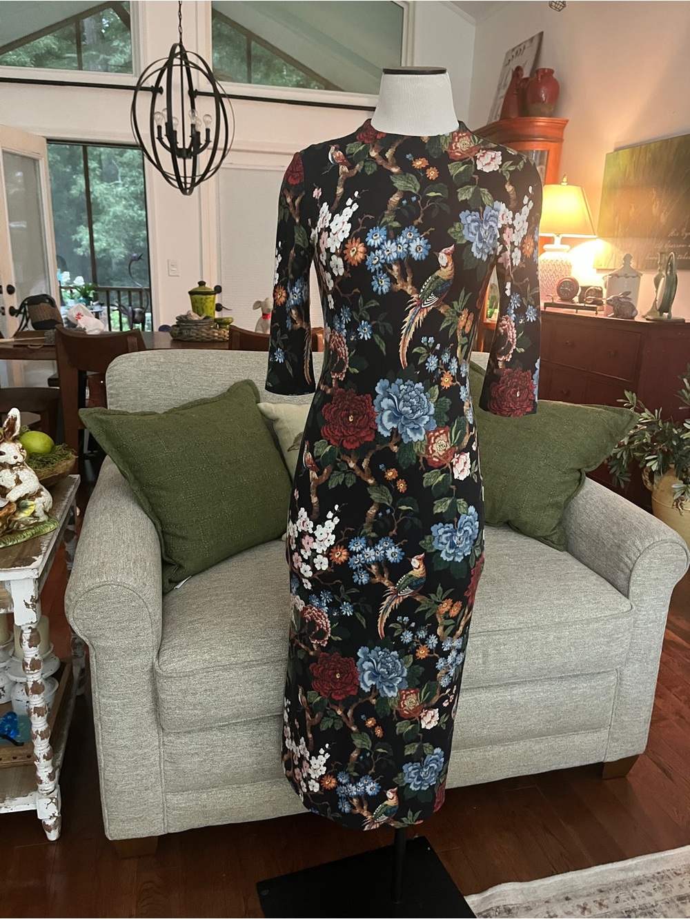 Alice & Olivia Delora Midi Dress vibrant Chinoiserie Garden Print 3/4 Sleeves P